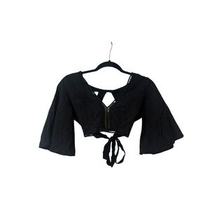 Black Embroidered V-Neck Flutter Sleeve Open Back Crop Top